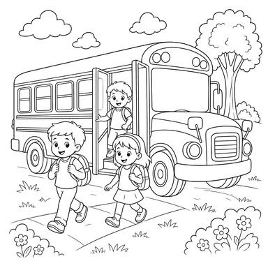 Ausmalbild: Kinder steigen aus dem Schulbus aus