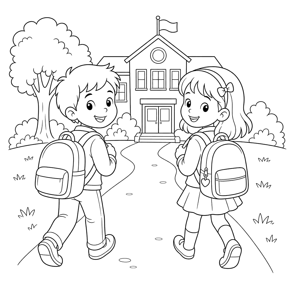 Desenho para colorir: crianças indo para a escola com mochilas