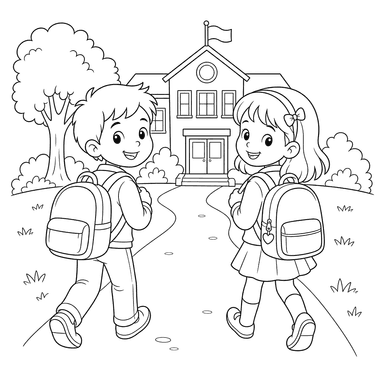 Desenho para colorir: crianças indo para a escola com mochilas