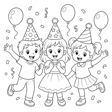 Kinder mit Partyhüten Ausmalbild