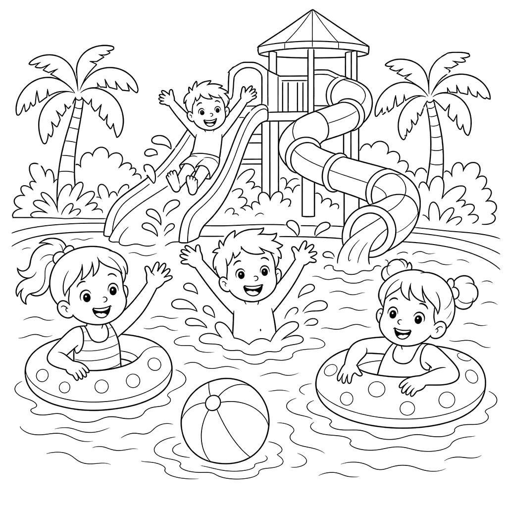 Crianças na piscina de um parque aquático — desenho para colorir