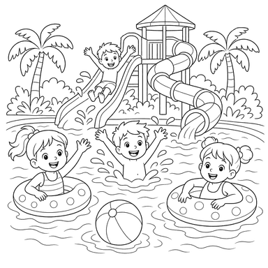 Niños en la piscina de un parque acuático — dibujo para colorear