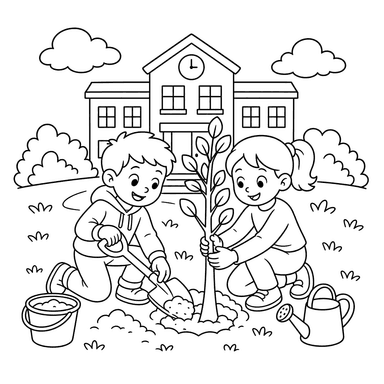 Enfants plantent des plants près de l'école