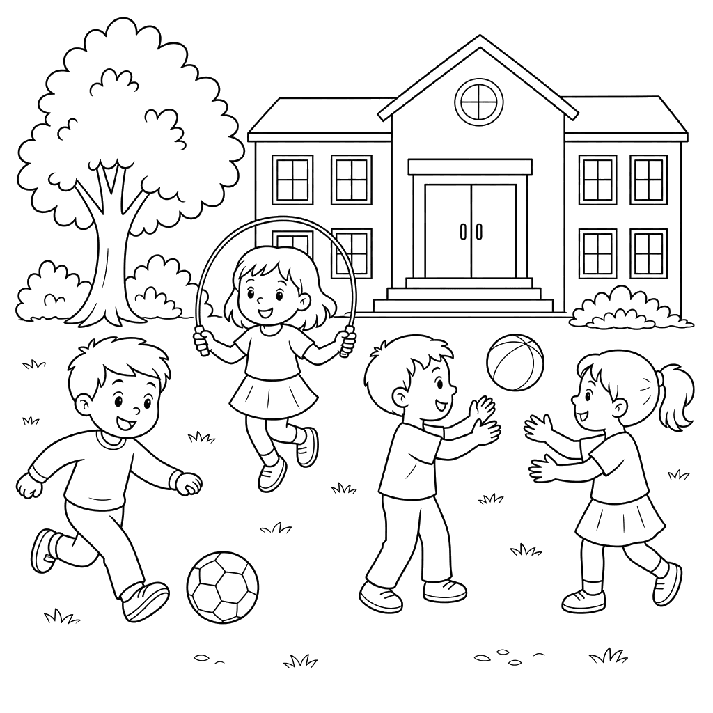 Crianças brincando no pátio da escola — desenho para colorir
