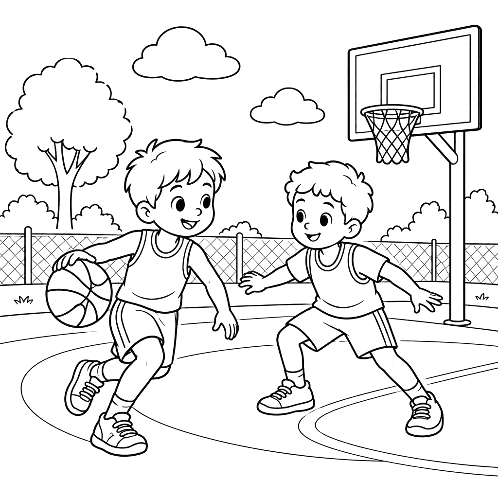Desenho de crianças jogando basquete