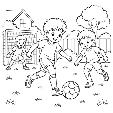 Kinder spielen Fußball im Hof – Ausmalbild