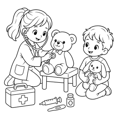 Kinder spielen Krankenhaus – Ausmalbild