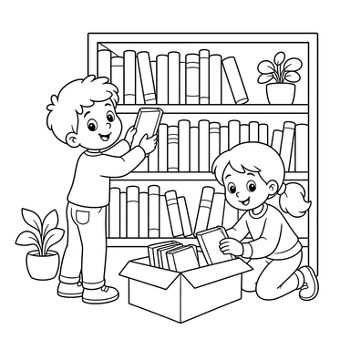 Desenho para colorir: crianças organizam livros na biblioteca