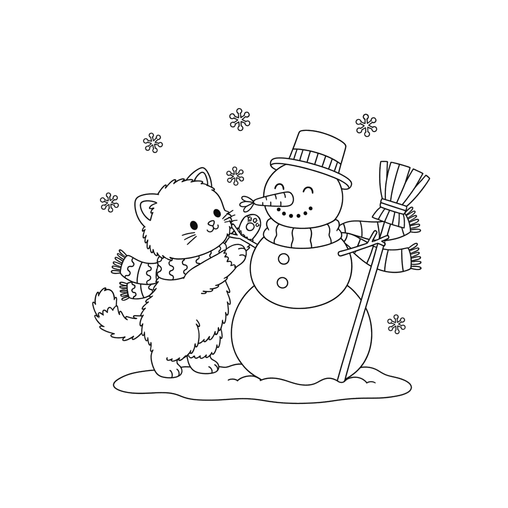 Gatinho construindo um boneco de neve para colorir