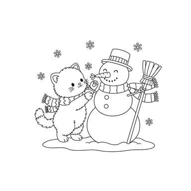 Ausmalbild Kätzchen Baut Schneemann