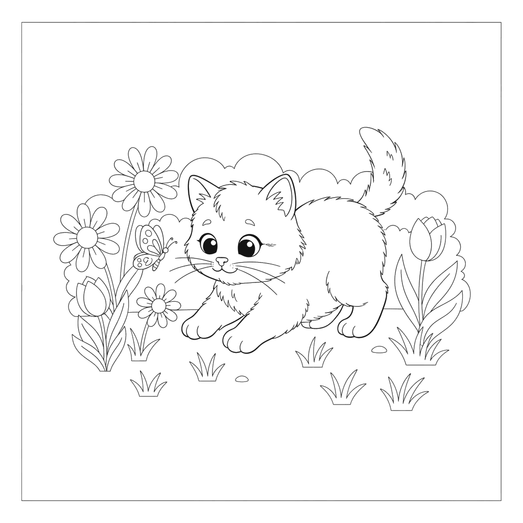 Gatinho perseguindo uma borboleta para colorir