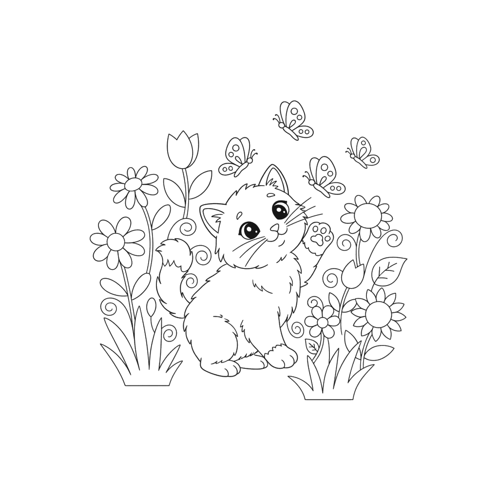 Gatinho no jardim com borboletas para colorir
