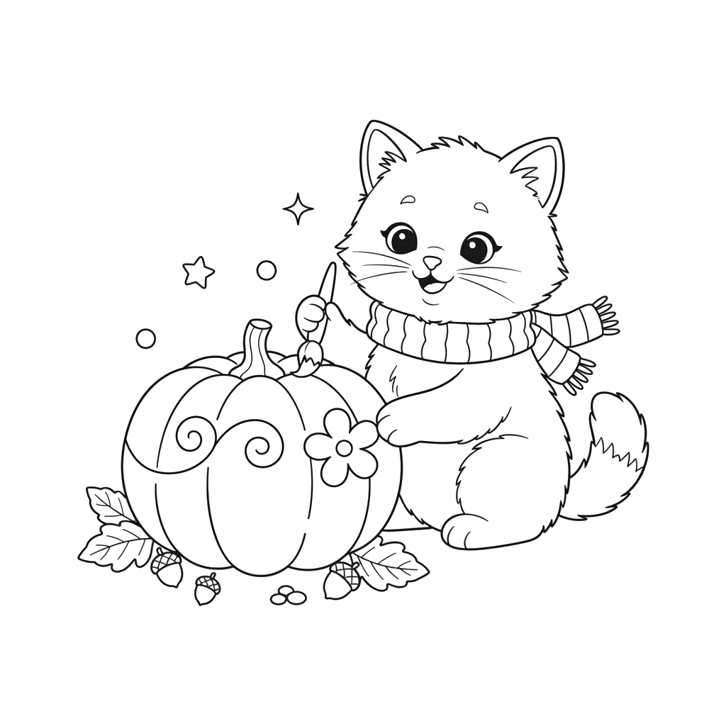 Котенок украшает тыкву Раскраска