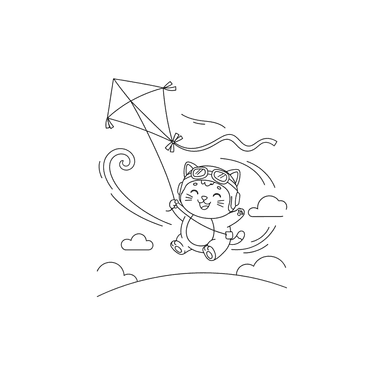 Kitten Flying a Kite Coloring Page