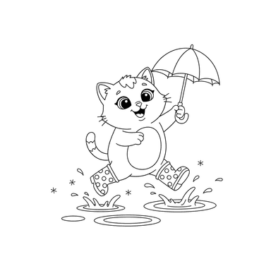 Dibujo para colorear: Gatito salpicando en charcos