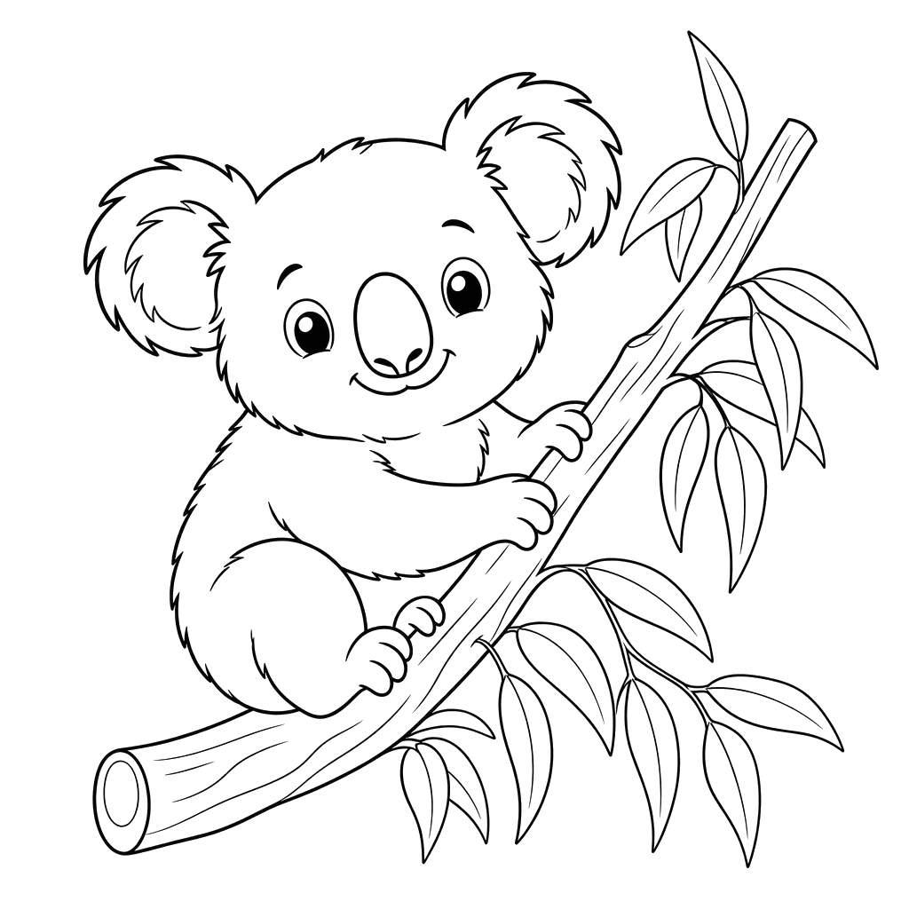 Ausmalbild Koala auf Eukalyptuszweig