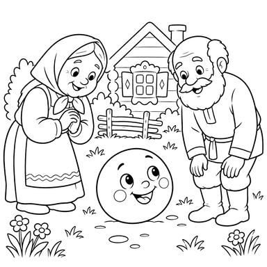 Kolobok with Grandma and Grandpa Coloring Page