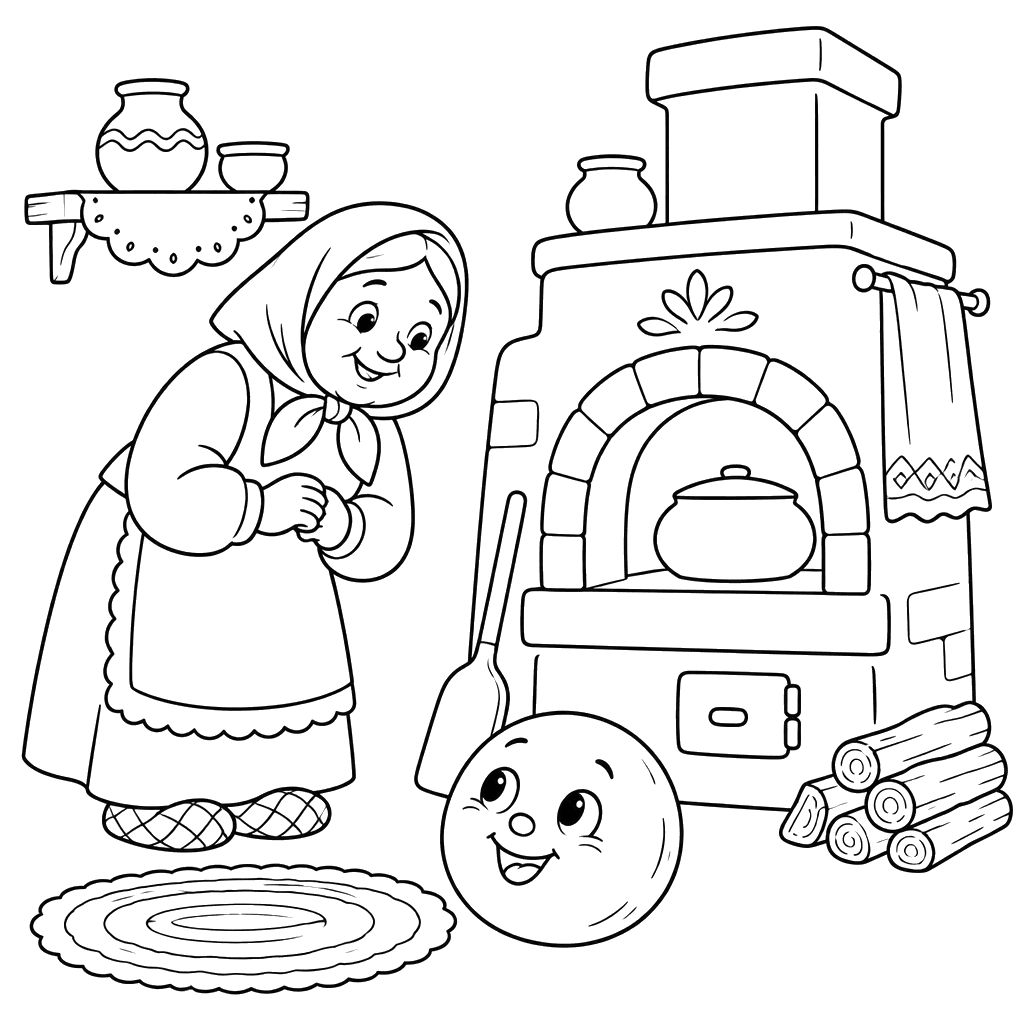 Ausmalbild: Kolobok am alten Ofen
