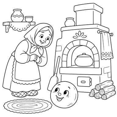 Ausmalbild: Kolobok am alten Ofen