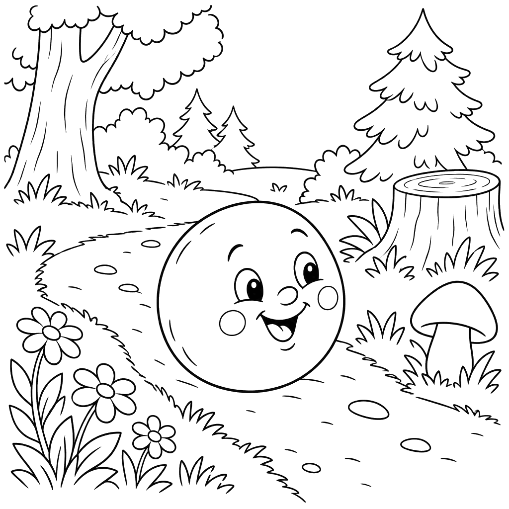 Desenho para colorir do Kolobok na trilha da floresta