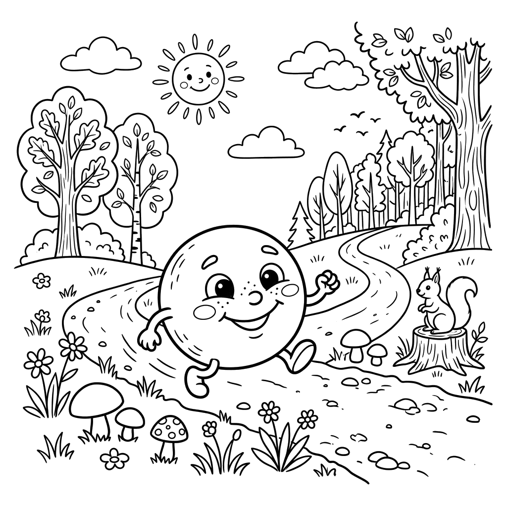 Coloriage Kolobok roulant sur le chemin