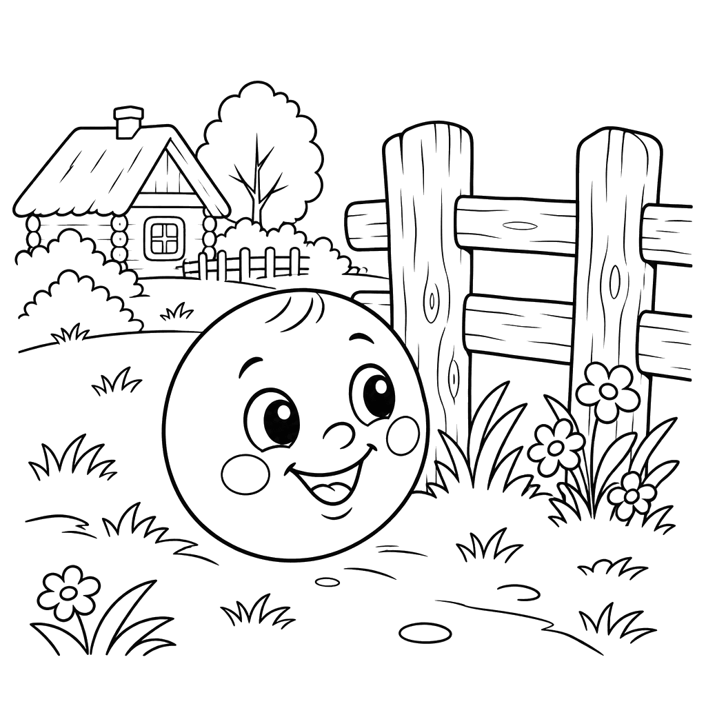 Kolobok junto à cerca da aldeia — desenho para colorir