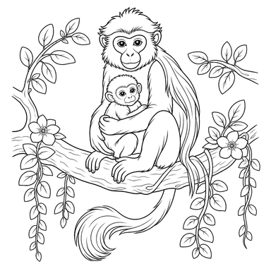 Kolobus y bebé en una rama — dibujo para colorear