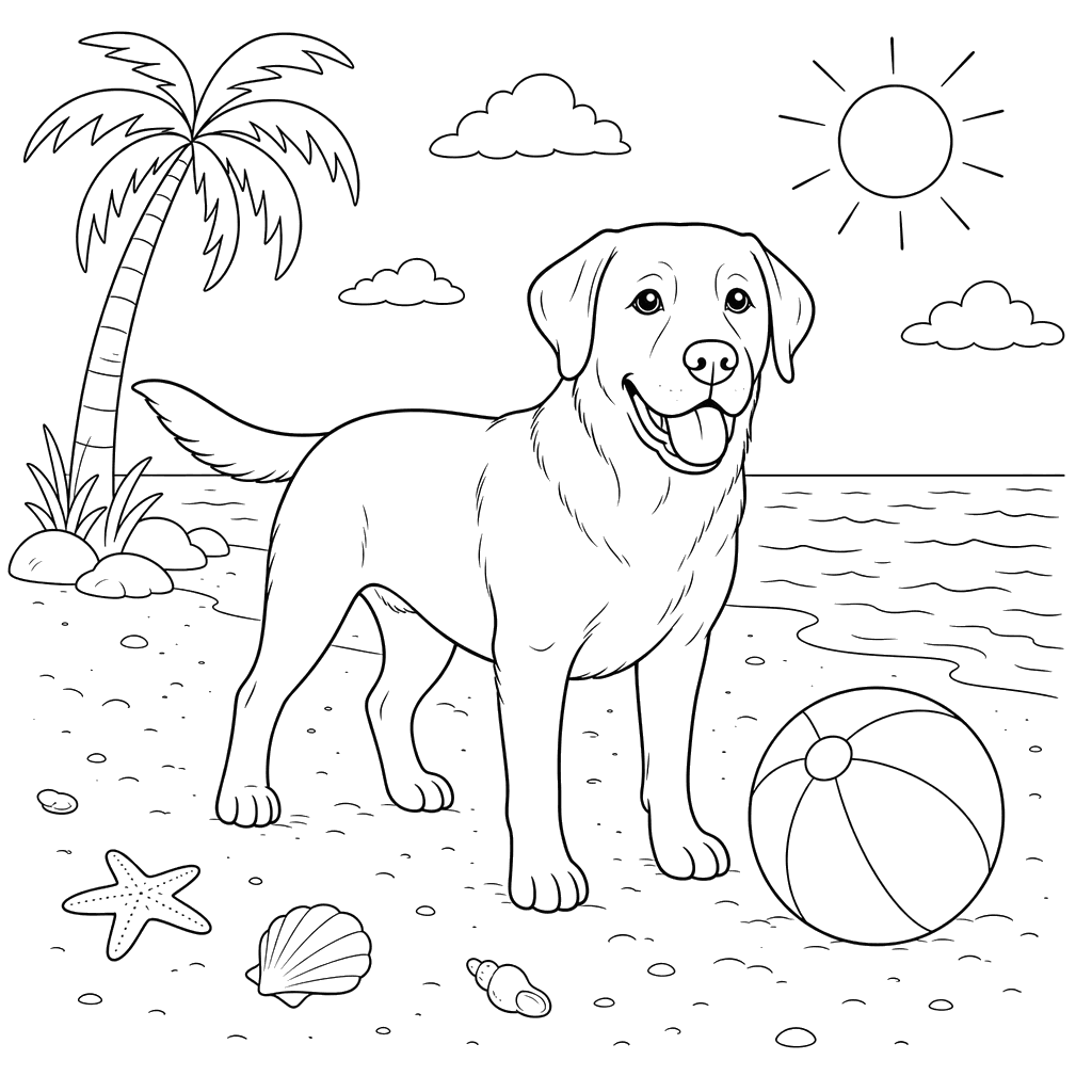 Labrador en la playa con pelota