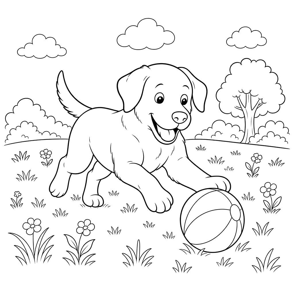 Labrador brinca com uma bola em um prado — desenho para colorir