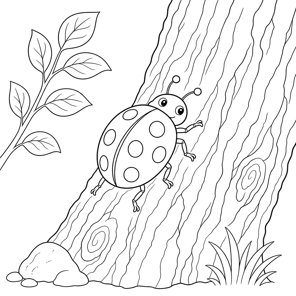 Dibujo para colorear de Mariquita en la corteza