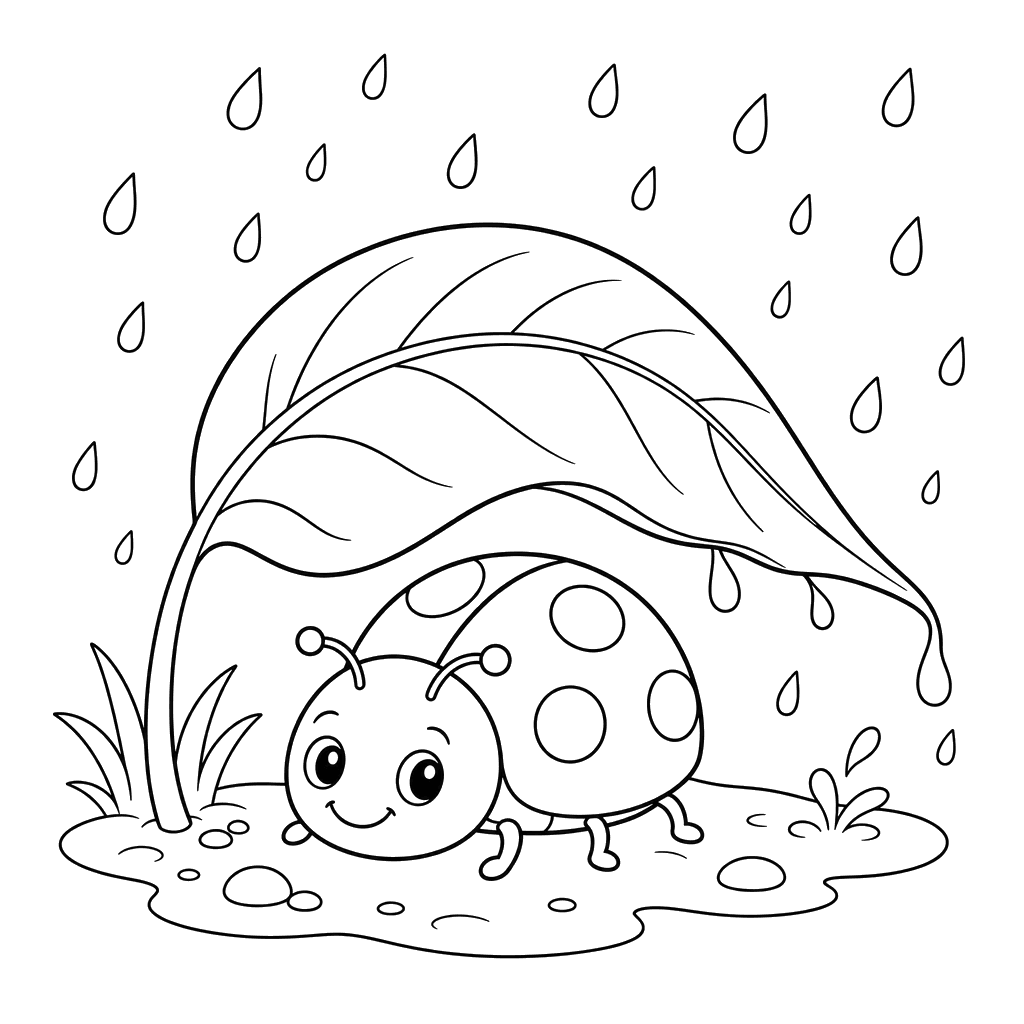 Mariquita bajo una hoja en la lluvia