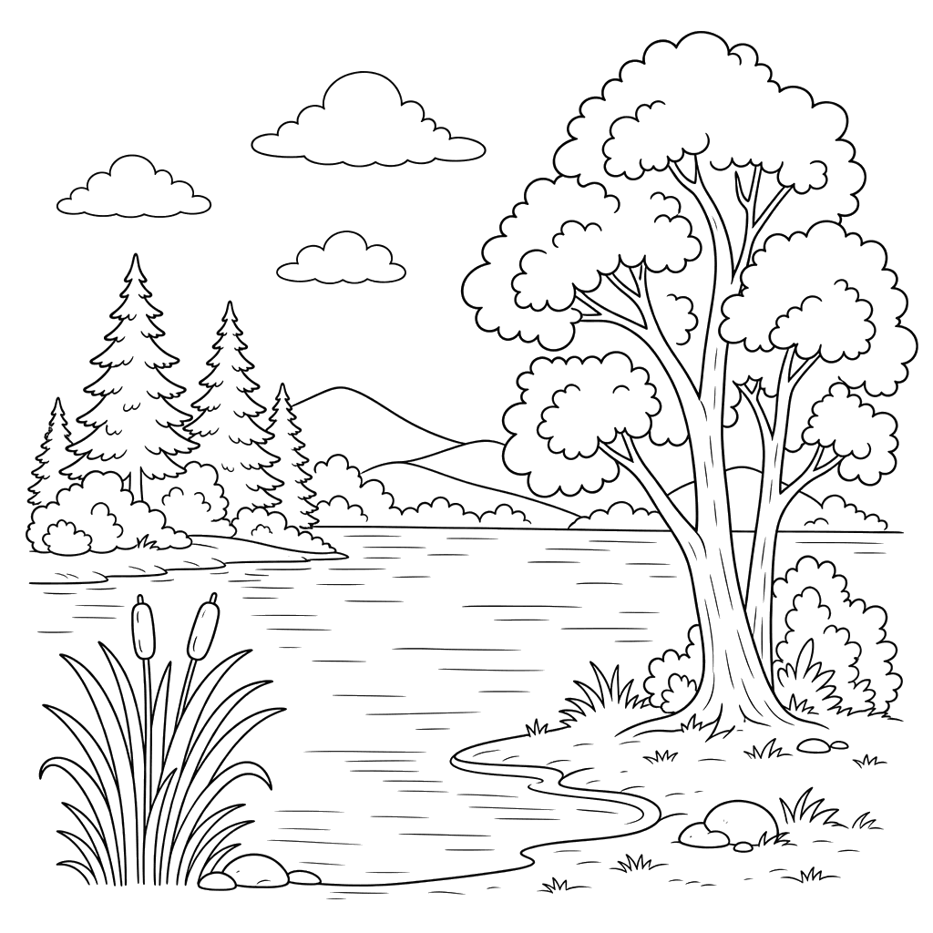 Desenho para colorir: paisagem com lago e árvores na margem