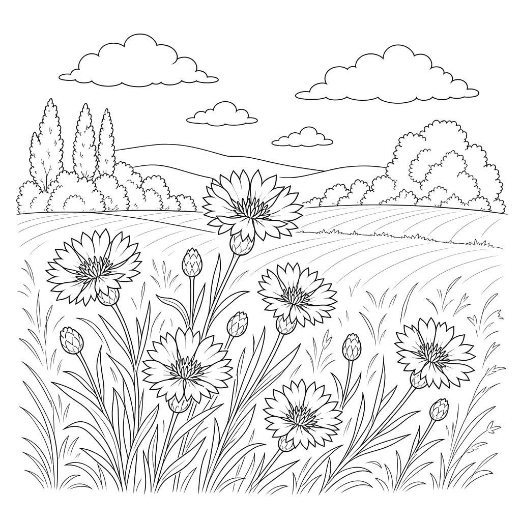 Desenho para colorir: paisagem com campo e esporões‑do‑campo