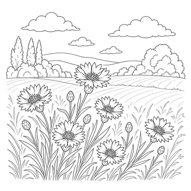 Ausmalbild: Landschaft mit Feld und Kornblumen