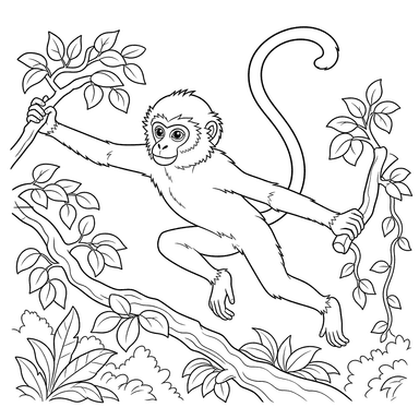 Langur pulando entre galhos — desenho para colorir