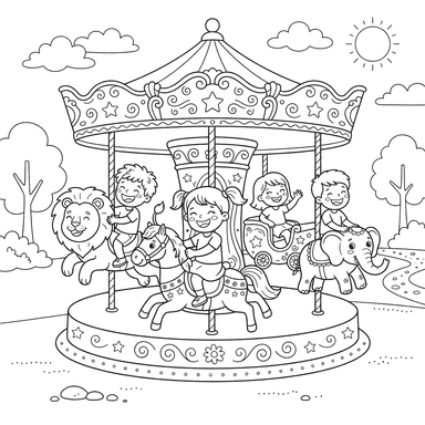 Dibujo para Colorear: Niños Riendo en un Carrusel