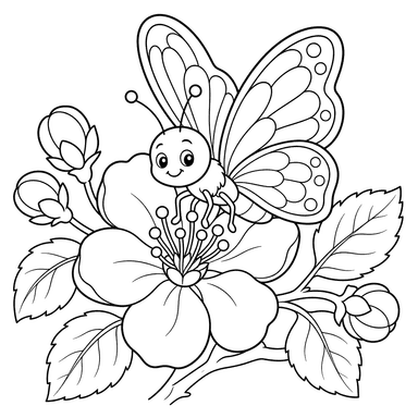 Mésange sur fleur de pommier — coloriage