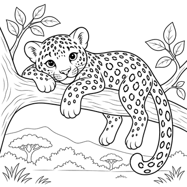 Leopard ruht auf einem Ast Ausmalbild