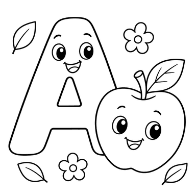 Dibujo para colorear: letra inglesa A y manzana