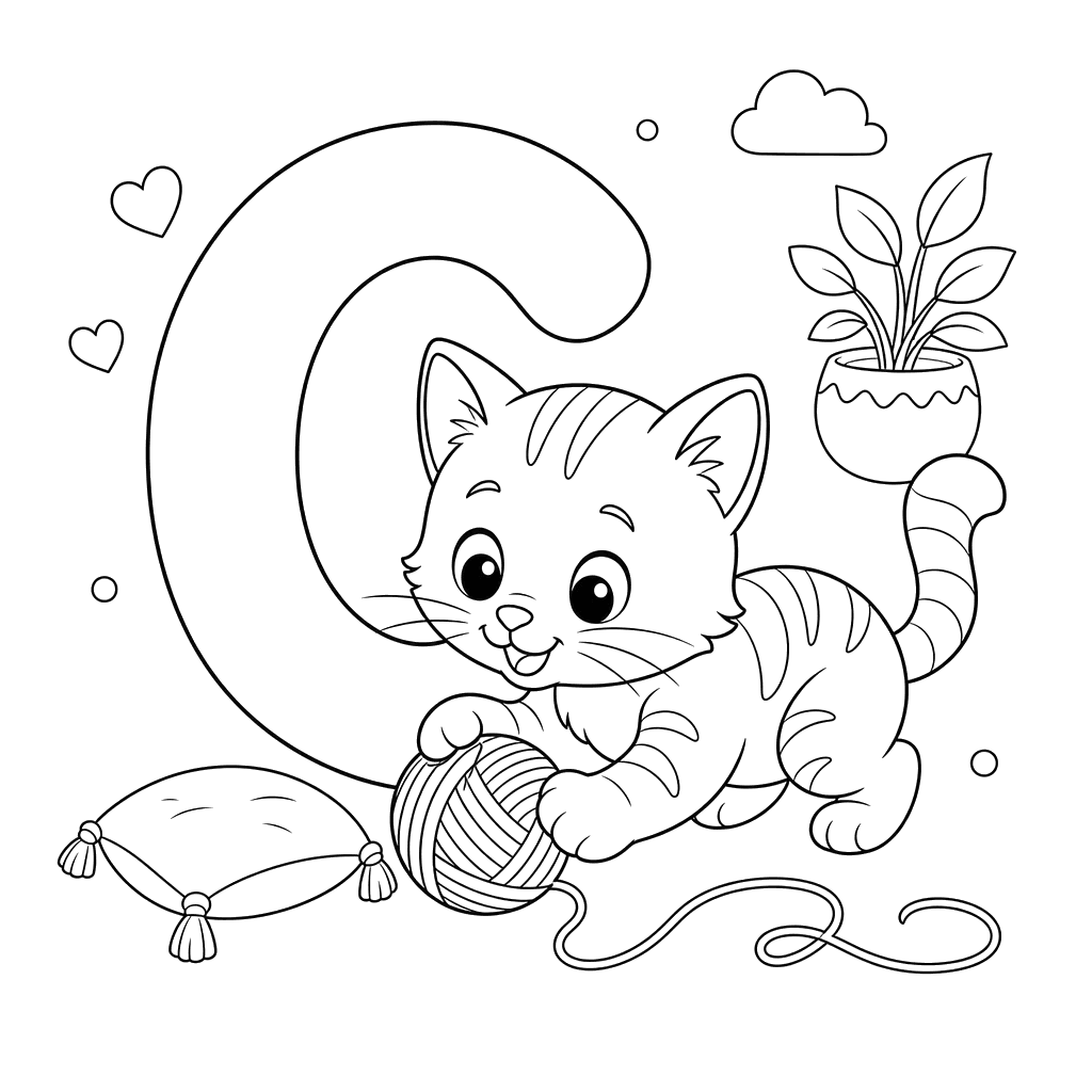 Dibujo de la Letra C y un Gato para colorear