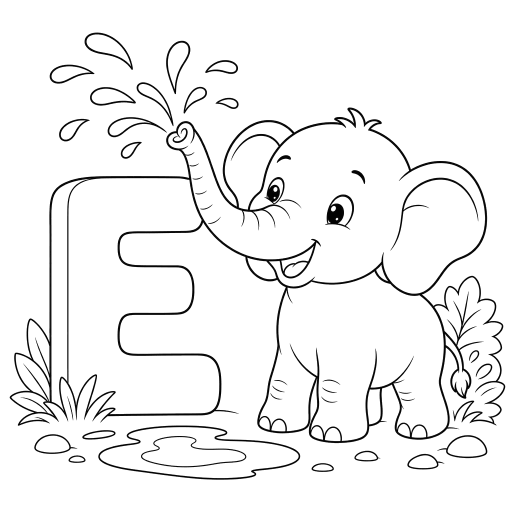 Dibujo para colorear Letra E Elefante