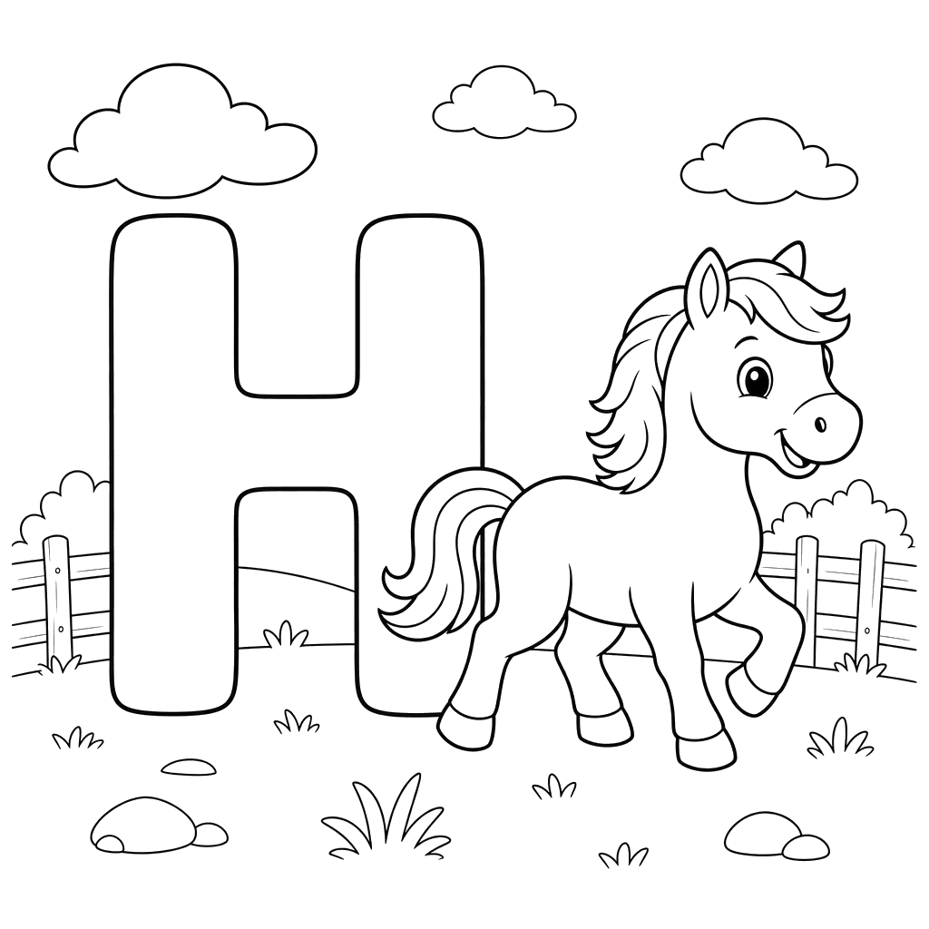 Dibujo para colorear Letra H y Caballo