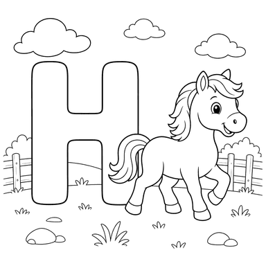 Ausmalbild Buchstabe H mit Pferd