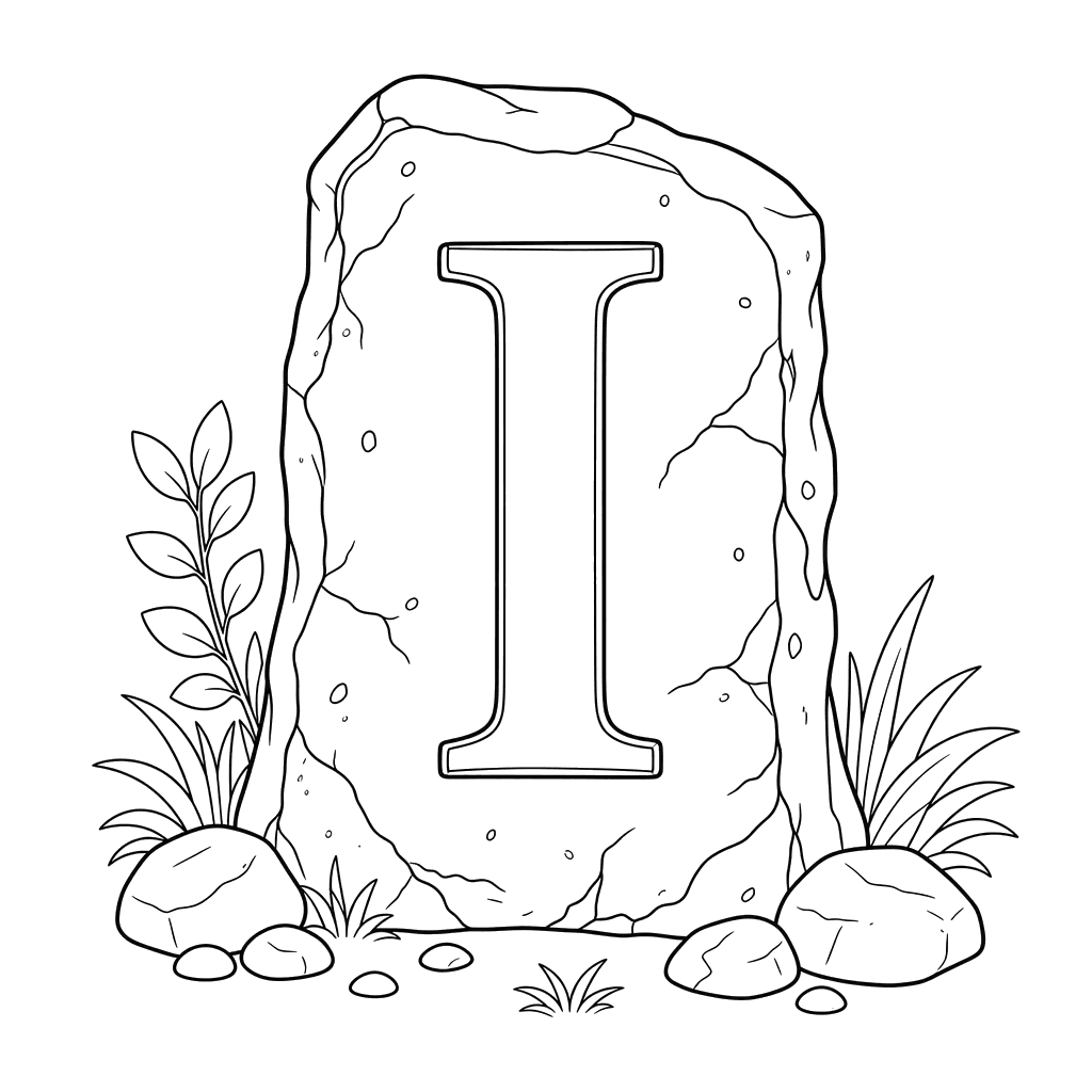 Coloriage Lettre I sur une plaque de pierre
