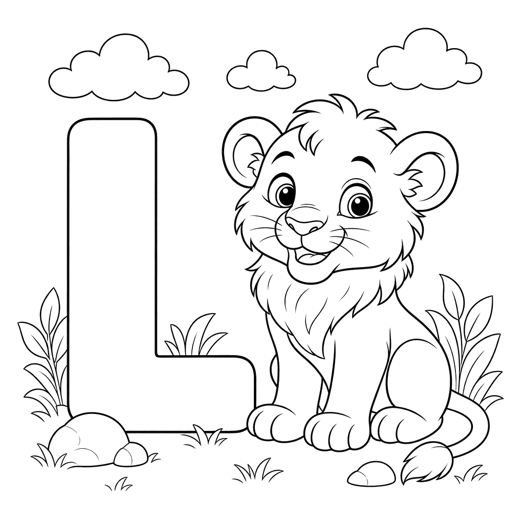 Dibujo para colorear de la Letra L y León