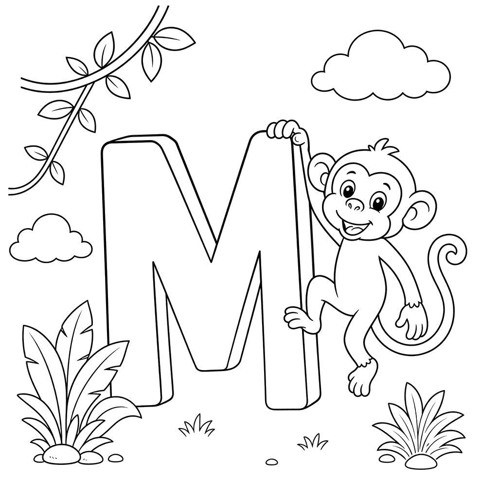 Dibujo para colorear de la Letra M con Mono