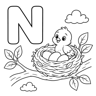 Dibujo para colorear: letra N y nido