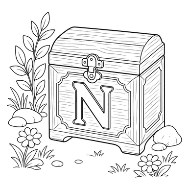 Dibujo para colorear de la letra N en un cofre