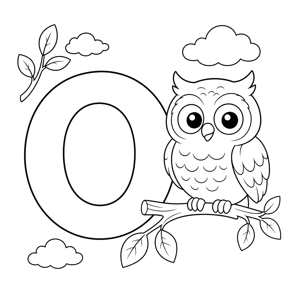 Dibujo para colorear de la Letra O y un Búho