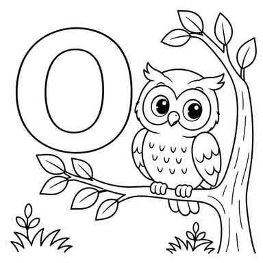 Dibujo para colorear de la letra O con búho